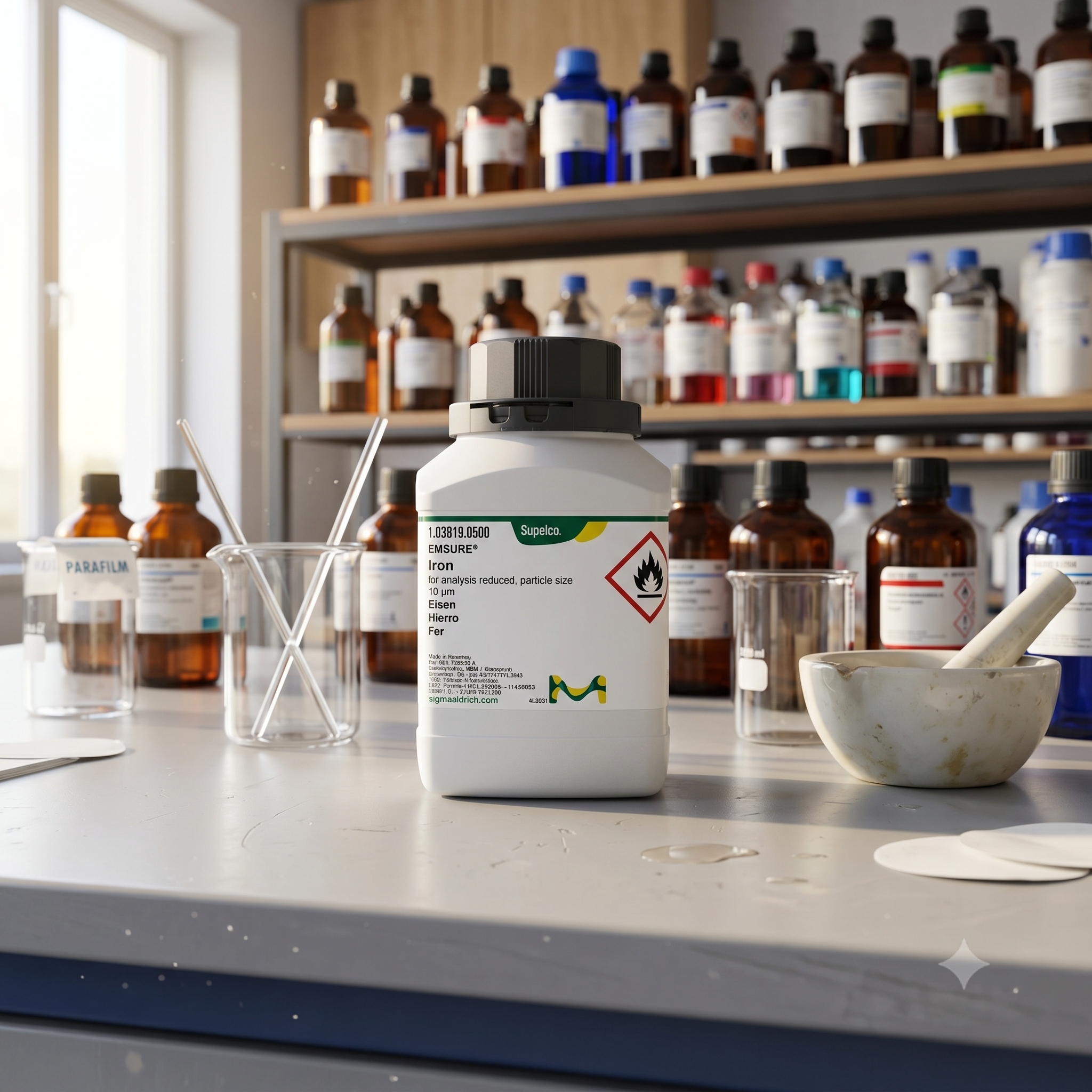 Serbuk Besi (Iron Powder) Merck EMSURE® untuk kebutuhan analisis laboratorium, penelitian, quality control, dan aplikasi industri. Memiliki ukuran partikel reduced ±10 µm sehingga ideal untuk penggunaan analitik, preparasi sampel, penelitian material, dan aplikasi kimia industri.