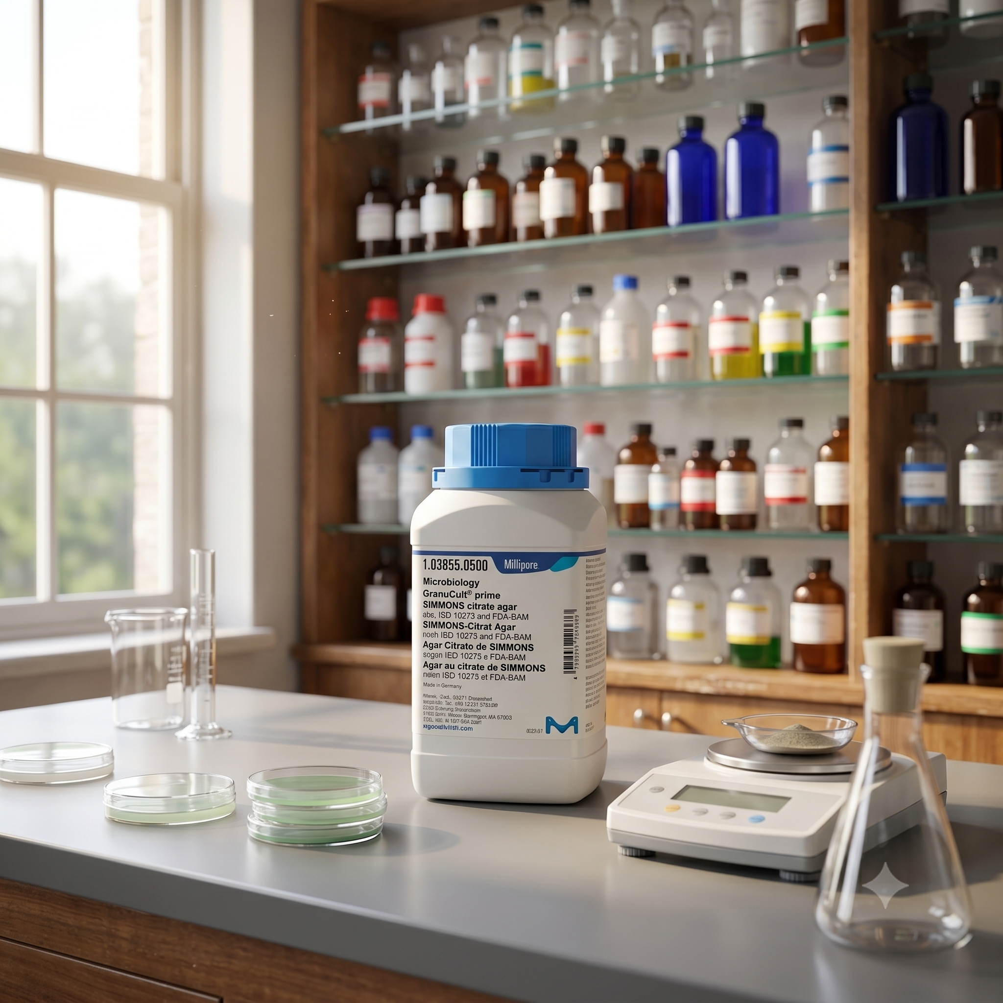 SIMMONS Citrate Agar GranuCult® Prime Merck Millipore Cat. No. 103855 merupakan media mikrobiologi berkualitas tinggi untuk identifikasi dan diferensiasi bakteri berdasarkan kemampuan pemanfaatan sitrat sebagai sumber karbon. Cocok digunakan untuk laboratorium mikrobiologi, QC pangan, farmasi, pendidikan, dan penelitian.