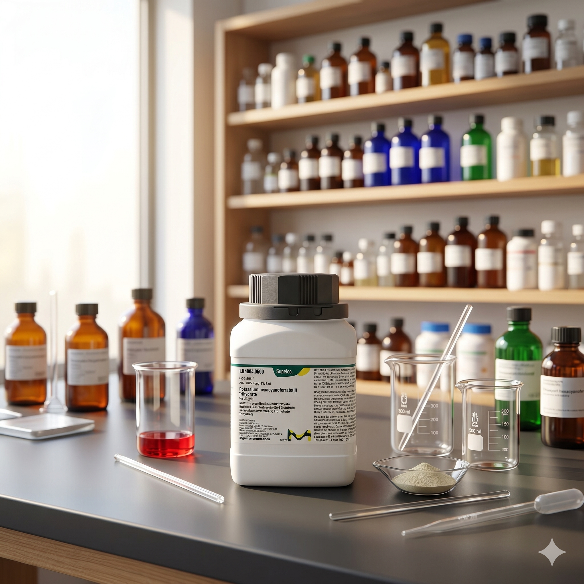 Potassium Hexacyanoferrate(II) Trihydrate EMSURE® Merck 104984 merupakan bahan kimia analytical grade berkualitas tinggi untuk kebutuhan laboratorium, penelitian, quality control, pendidikan, dan aplikasi industri. Memenuhi standar ACS dan Reag. Ph Eur untuk hasil analisis yang presisi dan konsisten.