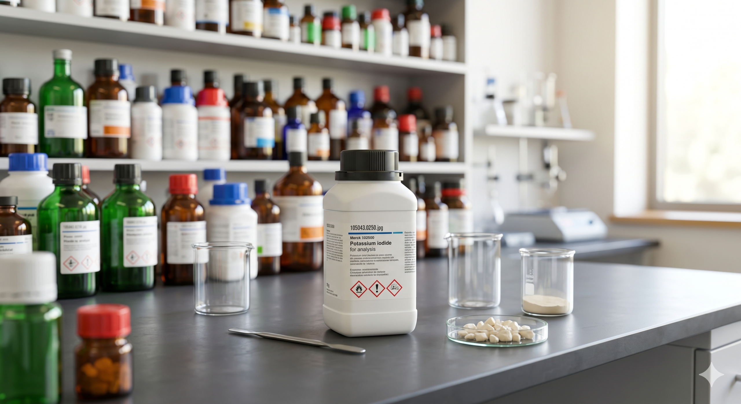 Potassium Iodide EMSURE® Merck 105043 merupakan bahan kimia analytical grade berkualitas tinggi untuk kebutuhan laboratorium, penelitian, quality control, pendidikan, dan aplikasi industri. Memenuhi standar ISO Reag. Ph Eur untuk hasil analisis yang akurat, stabil, dan konsisten.