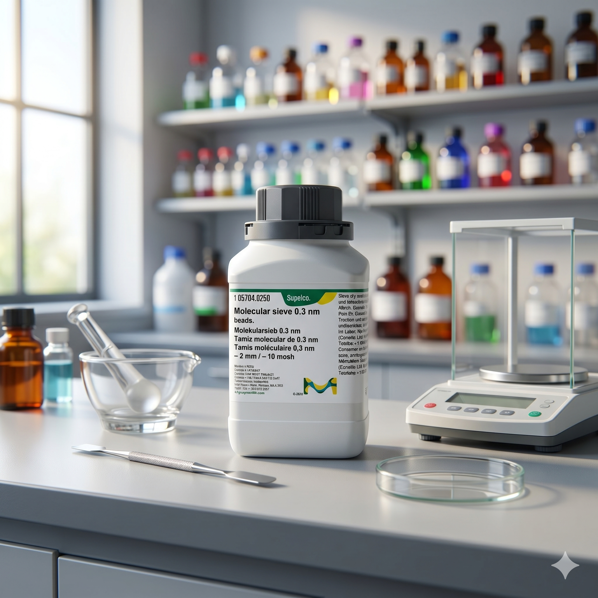 Molecular Sieve 0.3 nm Beads Merck Supelco 105704 merupakan adsorben dan drying agent berkualitas tinggi untuk aplikasi laboratorium, analisis kimia, pemurnian gas, pengeringan pelarut, dan kebutuhan industri profesional. Cocok digunakan untuk laboratorium QC, penelitian, pendidikan, dan industri kimia.