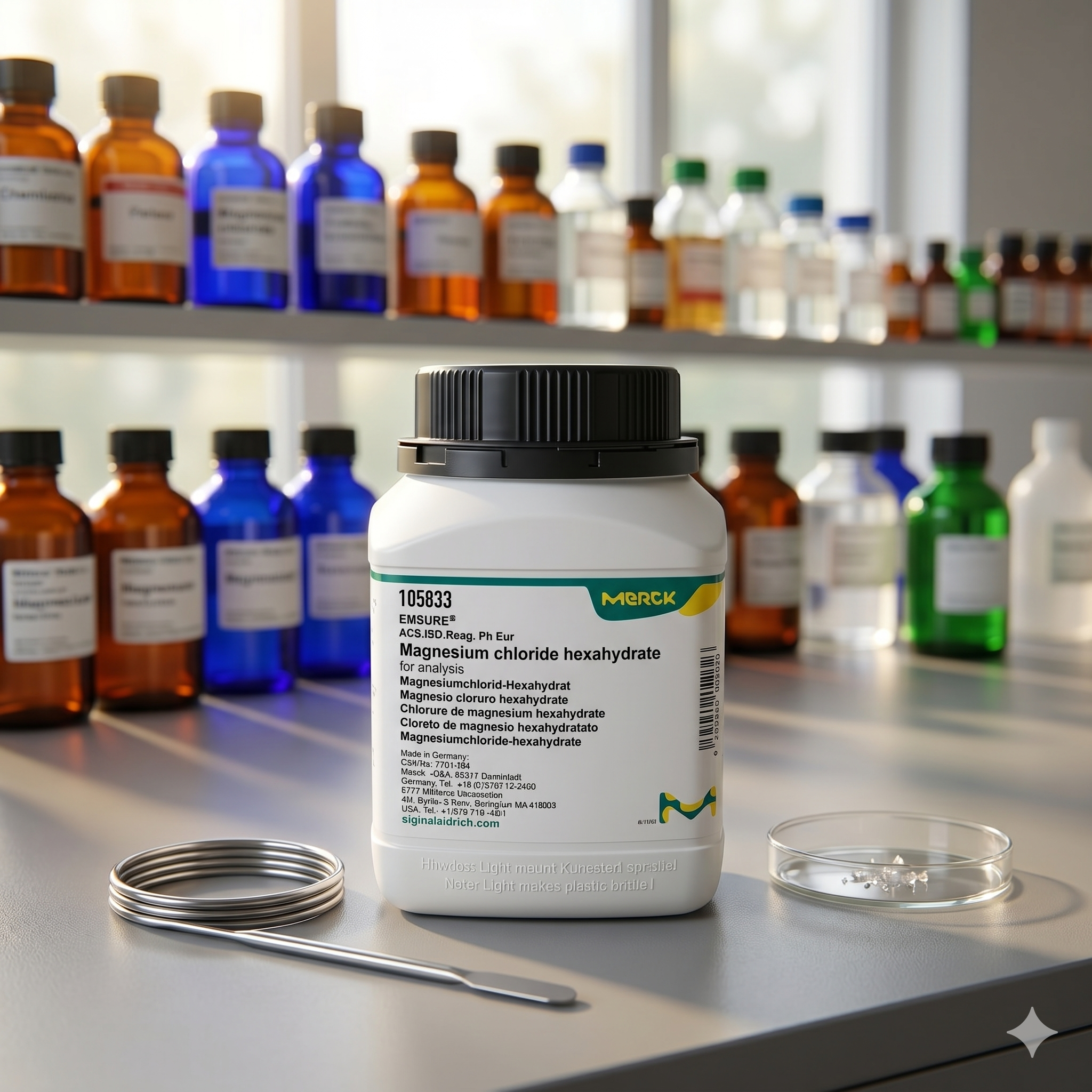 Magnesium Chloride Hexahydrate EMSURE® Merck 105833 merupakan reagen kimia laboratorium berkualitas tinggi grade ACS, ISO, dan Ph Eur untuk kebutuhan analisis, penelitian, quality control, preparasi larutan, dan aplikasi industri profesional. Cocok digunakan pada laboratorium pendidikan, farmasi, penelitian, dan institusi industri.