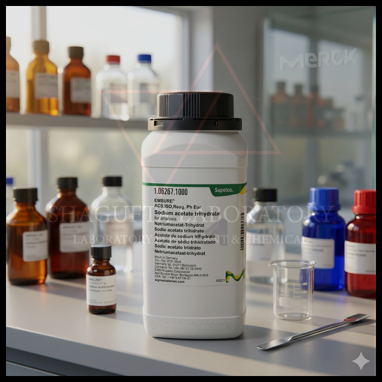 Sodium Acetate Trihydrate EMSURE® ACS ISO Reag. Ph Eur merupakan reagen laboratorium analytical grade berkualitas tinggi untuk kebutuhan analisis, buffer preparation, quality control, penelitian, pendidikan, dan aplikasi industri laboratorium profesional.