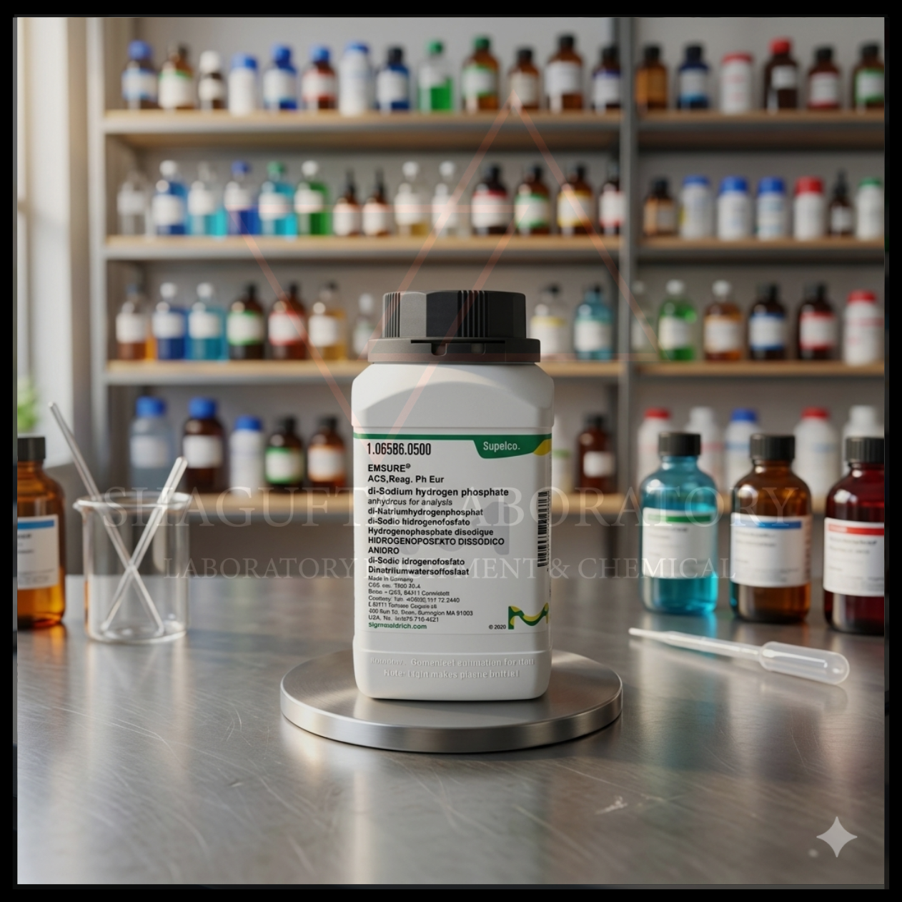 Supelco EMSURE® Di-Sodium Hydrogen Phosphate Anhydrous grade ACS dan Reag. Ph Eur untuk kebutuhan laboratorium, penelitian, quality control, pendidikan, dan aplikasi industri. Reagen berkualitas tinggi dengan kemurnian stabil dan performa optimal untuk aplikasi buffer serta analisis kimia.