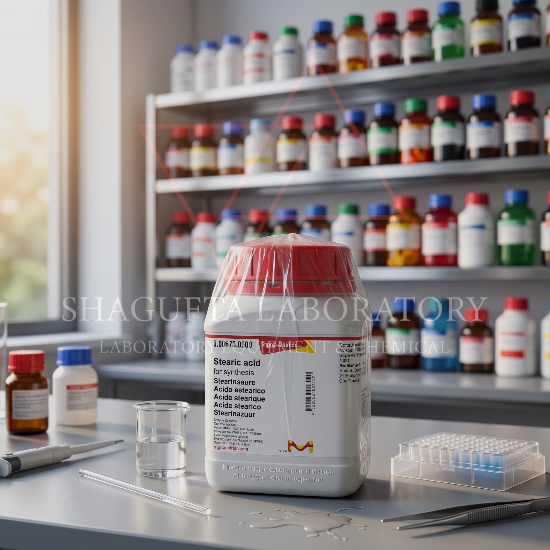 Jual Stearic Acid for Synthesis Sigma-Aldrich 8.00673.0500 original untuk kebutuhan sintesis, QC, penelitian, farmasi, dan kosmetik. Distributor terpercaya Shagufta Laboratory.