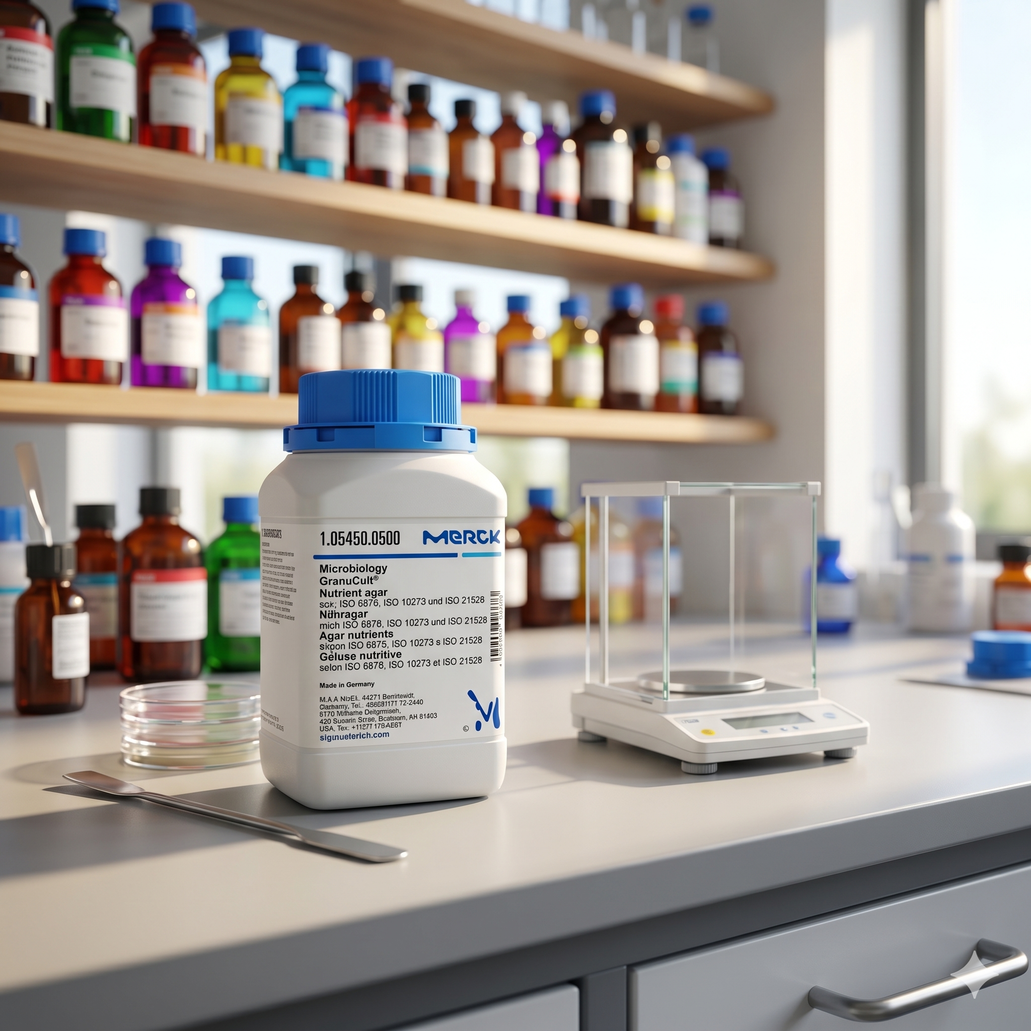 Nutrient Agar Merck Millipore 105450 adalah media kultur mikrobiologi umum berkualitas tinggi untuk pertumbuhan berbagai mikroorganisme non-fastidious. Cocok digunakan untuk laboratorium mikrobiologi, quality control, penelitian, pendidikan, industri pangan, farmasi, dan institusi kesehatan sesuai standar ISO.