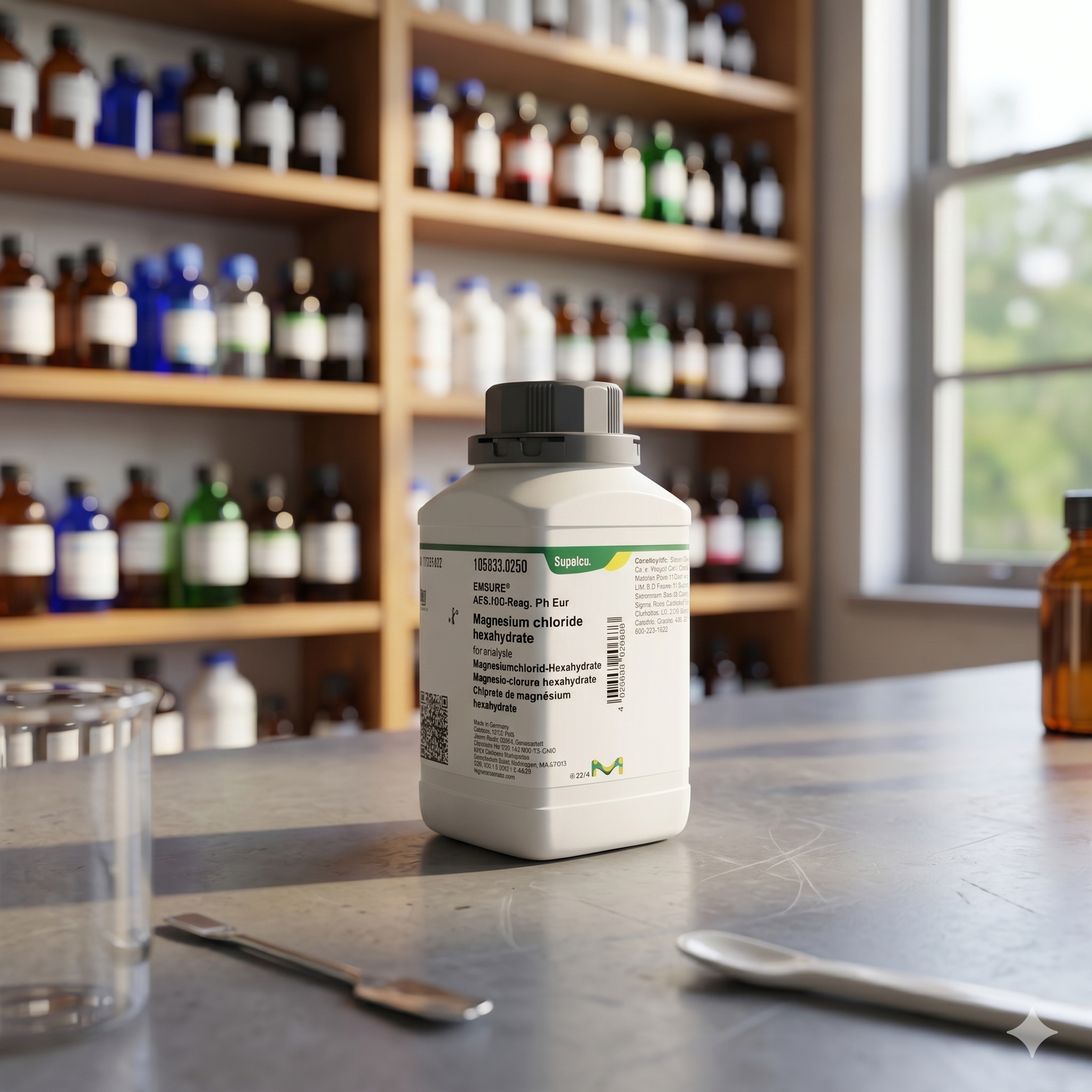 Magnesium Chloride Hexahydrate EMSURE® Merck 105833 merupakan reagen kimia laboratorium berkualitas tinggi grade ACS, ISO, dan Ph Eur untuk kebutuhan analisis, penelitian, quality control, preparasi larutan, dan aplikasi industri profesional. Cocok digunakan pada laboratorium pendidikan, farmasi, penelitian, dan institusi industri.