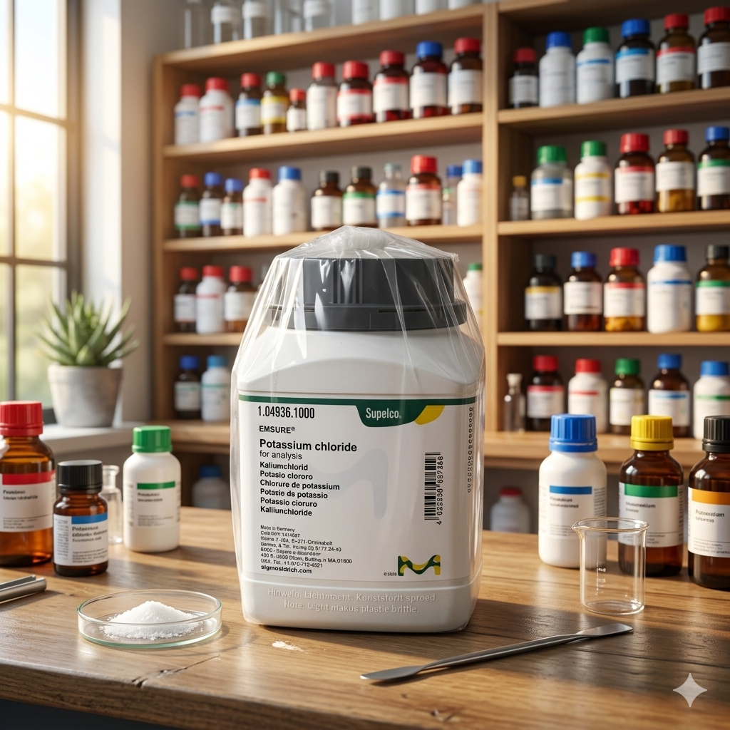 Potassium Chloride (Kalium Klorida) EMSURE® Merck Supelco 104936 merupakan bahan kimia analytical grade berkualitas tinggi untuk kebutuhan laboratorium, penelitian, quality control, pendidikan, dan industri. Memenuhi standar ACS, ISO, dan Reag. Ph Eur untuk aplikasi analisis presisi dan penggunaan profesional.